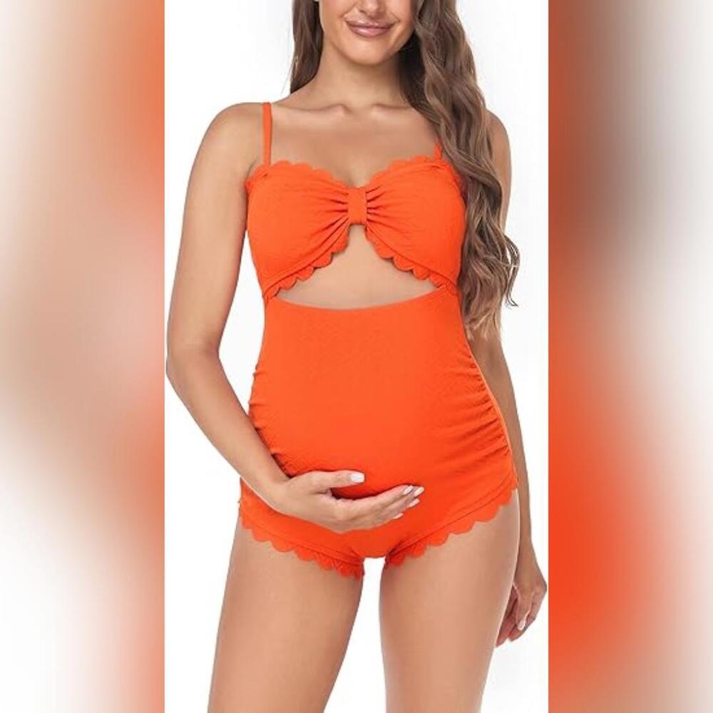 NWT EastElegant Maternity One Piece Cutout Scalloped Swimsuit, Orange, Medium